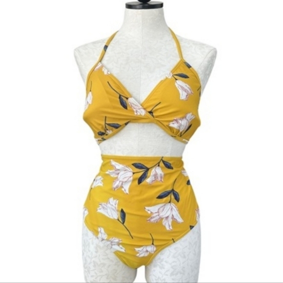 JustFab Other - Just Fab Yellow Floral Halter Bikini Set High Rise Bottoms Size XXL